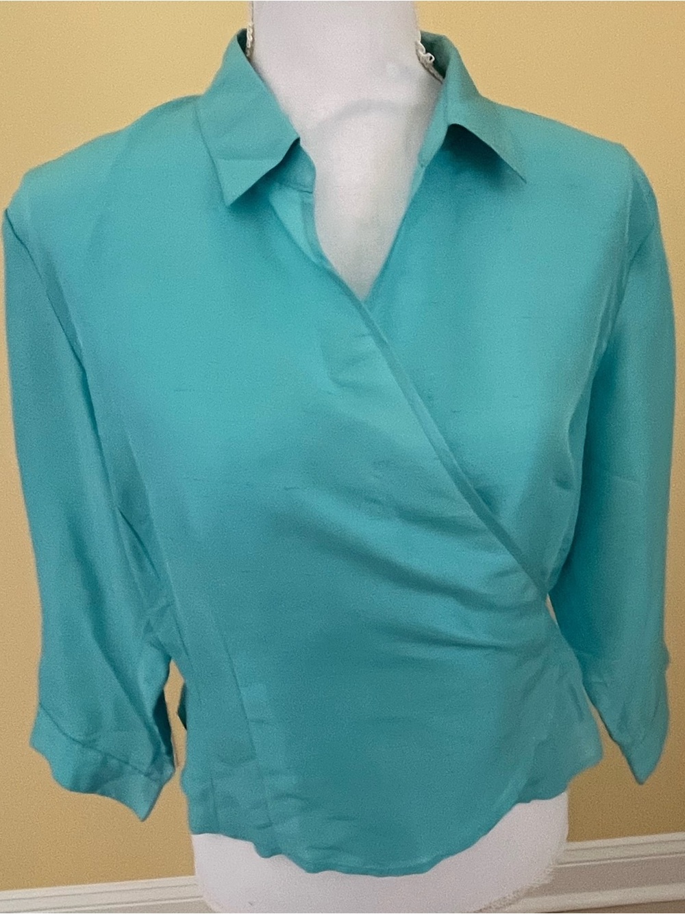 Finity Silk Turquoise Wrap-Front Blouse with Collar
